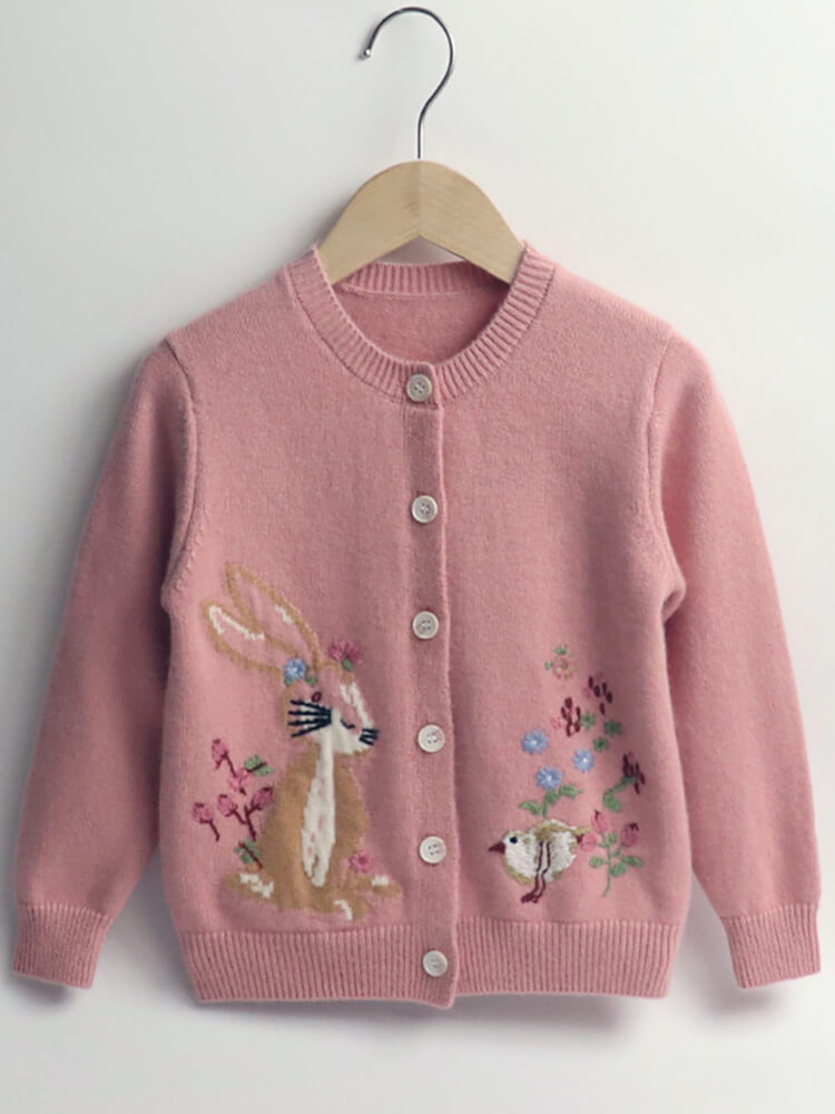 (image for) Girls Pink Cashmere Cardigan with Bunny and Bird Embroidery
